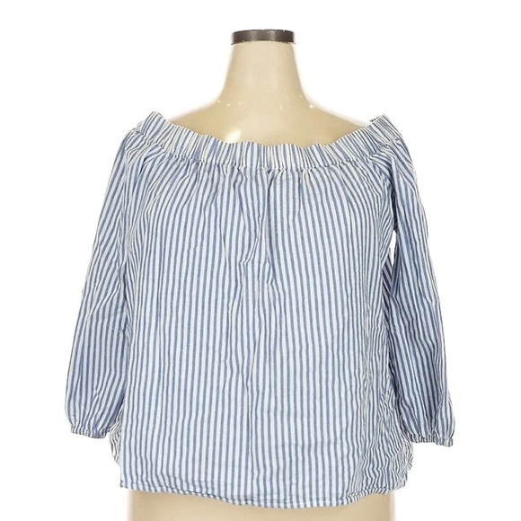 Lane Bryant 22/24  Blue and White Off Shoulder Boxy Blouse - Picture 2 of 7